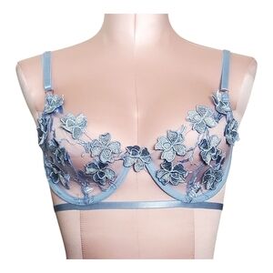 2 piece set Bably Silky Blue Flower Lace Bralette with Adjustable Straps.
